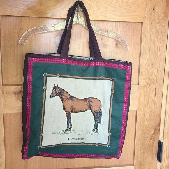 Handmade 100% Cotton Thoroughbred Horse Tote Bag Equestrian Preppy Heritage - Picture 1 of 6